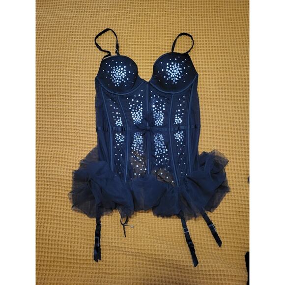 Victoria's Secret 34B Black Mesh Bow Rhinestone Corset Bustier Tulle Garter GUC - Picture 1 of 4